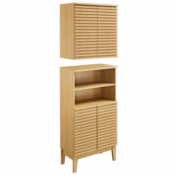 Modway Furniture Render Bathroom Cabinet Set - Modern Two-Piece Storage Solution with Adjustable Shelves & Soft-Close Doors Oak EEI-7446-OAK