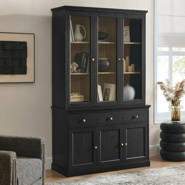 Modway Furniture Amara 79-Inch Multifunctional Storage Display Cabinet with Glass Doors for Stylish Organization EEI-7449-BLK-OAK