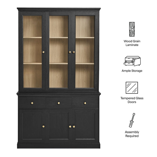 Modway Furniture Amara 79-Inch Multifunctional Storage Display Cabinet with Glass Doors for Stylish Organization EEI-7449-BLK-OAK