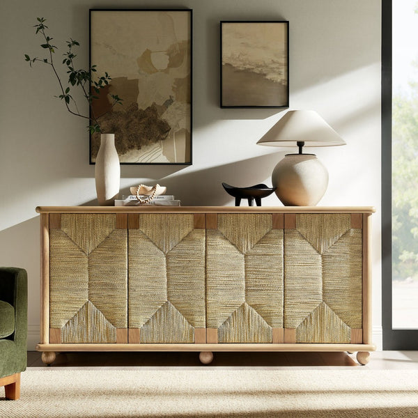 Modway Furniture Marola Solid Oak Seagrass Door Sideboard with Adjustable Shelves for Dining Rooms EEI-7451-OAK