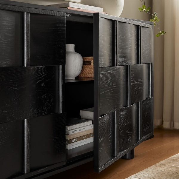 Modway Furniture Foundry Woven Front Sideboard Wide Buffet Cabinet with Adjustable Shelves for Dining Rooms Black EEI-7452-BLK