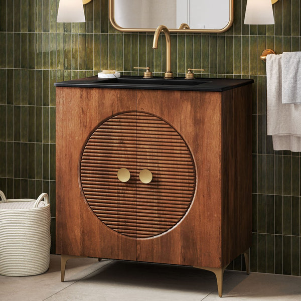 Modway Furniture Vernon 30" Fluted Wood Vanity Cabinet - Customizable Luxury Storage with Brass Legs & Knobs EEI-7453-WAL