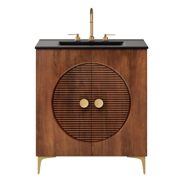 Modway Furniture Vernon 30" Fluted Wood Vanity Cabinet with Ceramic Sink - Handcrafted Mid-Century Elegance for Your Bath Walnut Black EEI-7454-WAL-BLK