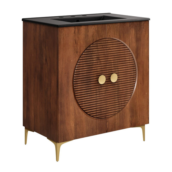 Modway Furniture Vernon 30" Fluted Wood Vanity Cabinet with Ceramic Sink - Handcrafted Mid-Century Elegance for Your Bath Walnut Black EEI-7454-WAL-BLK