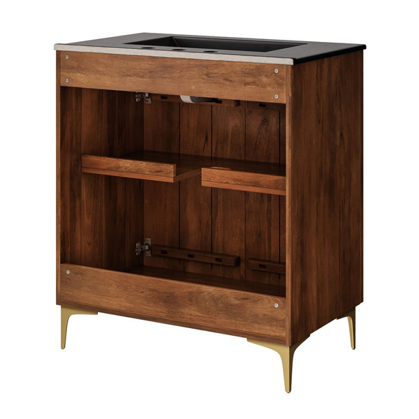 Modway Furniture Vernon 30" Fluted Wood Vanity Cabinet with Ceramic Sink - Handcrafted Mid-Century Elegance for Your Bath Walnut Black EEI-7454-WAL-BLK