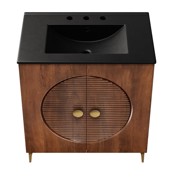 Modway Furniture Vernon 30" Fluted Wood Vanity Cabinet with Ceramic Sink - Handcrafted Mid-Century Elegance for Your Bath Walnut Black EEI-7454-WAL-BLK