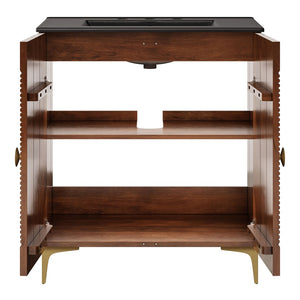 Modway Furniture Vernon 30" Fluted Wood Vanity Cabinet with Ceramic Sink - Handcrafted Mid-Century Elegance for Your Bath Walnut Black EEI-7454-WAL-BLK