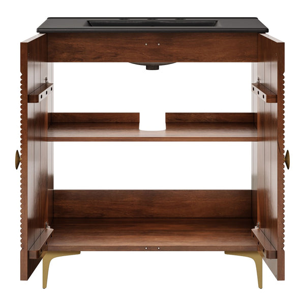 Modway Furniture Vernon 30" Fluted Wood Vanity Cabinet with Ceramic Sink - Handcrafted Mid-Century Elegance for Your Bath Walnut Black EEI-7454-WAL-BLK