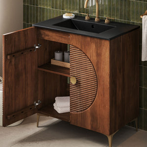 Modway Furniture Vernon 30" Fluted Wood Vanity Cabinet with Ceramic Sink - Handcrafted Mid-Century Elegance for Your Bath Walnut Black EEI-7454-WAL-BLK