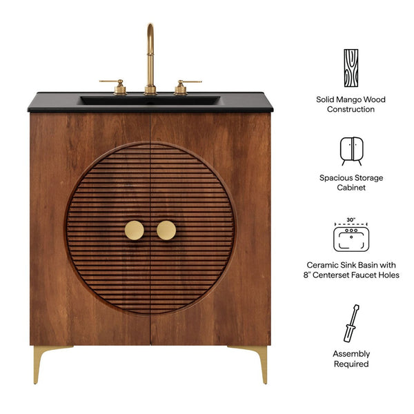 Modway Furniture Vernon 30" Fluted Wood Vanity Cabinet with Ceramic Sink - Handcrafted Mid-Century Elegance for Your Bath Walnut Black EEI-7454-WAL-BLK
