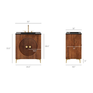 Modway Furniture Vernon 30" Fluted Wood Vanity Cabinet with Ceramic Sink - Handcrafted Mid-Century Elegance for Your Bath Walnut Black EEI-7454-WAL-BLK