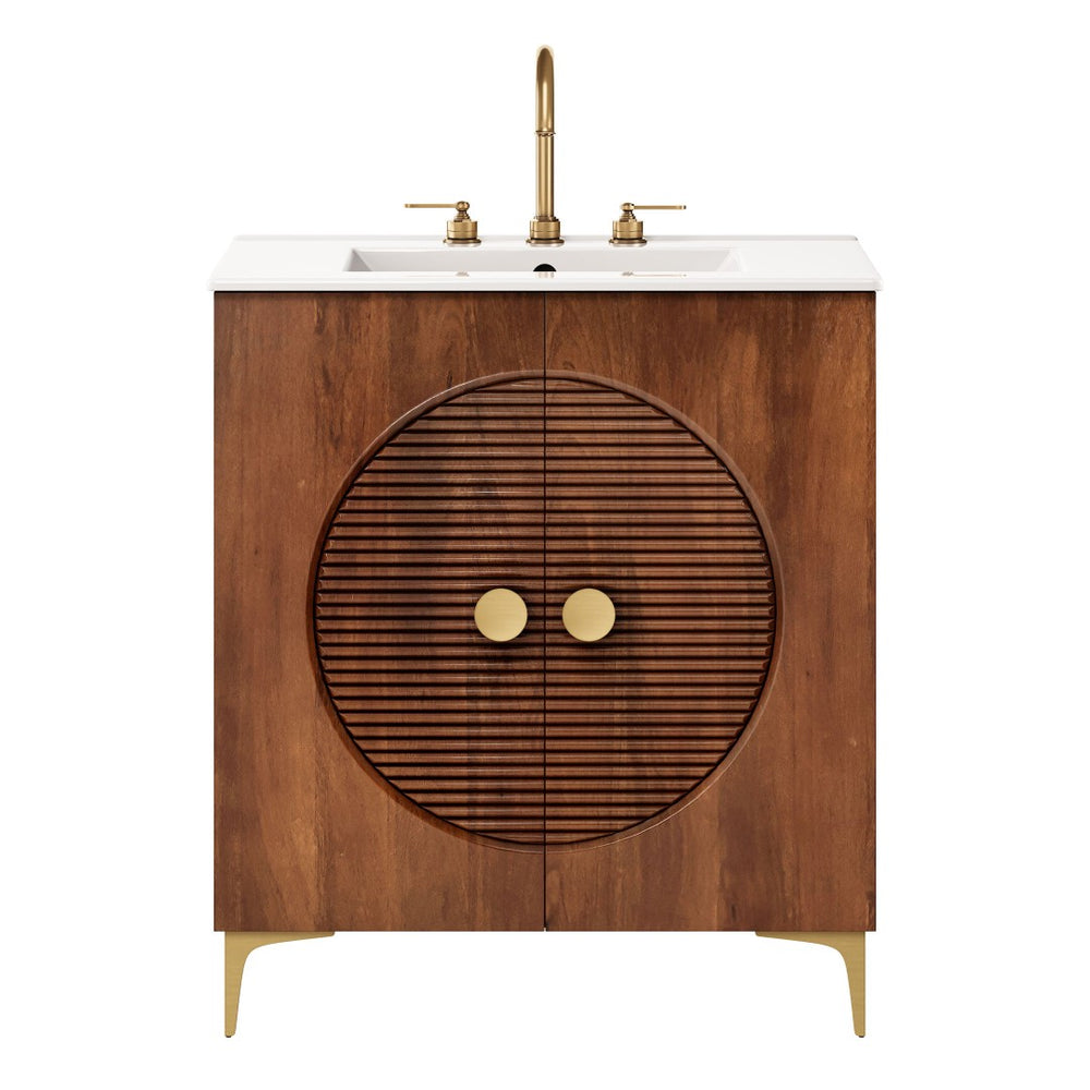Modway Furniture Vernon 30" Fluted Wood Vanity Cabinet with Ceramic Sink - Handcrafted Mid-Century Elegance for Your Bath Walnut White EEI-7454-WAL-WHI