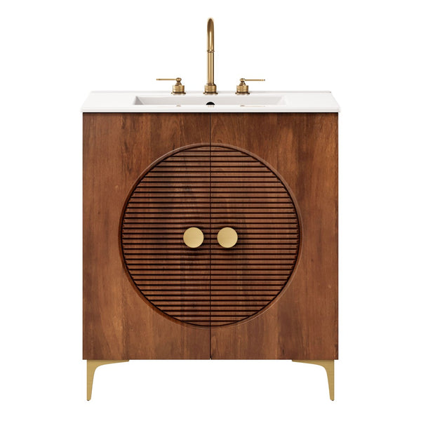 Modway Furniture Vernon 30" Fluted Wood Vanity Cabinet with Ceramic Sink - Handcrafted Mid-Century Elegance for Your Bath Walnut White EEI-7454-WAL-WHI