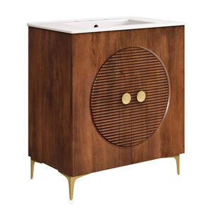 Modway Furniture Vernon 30" Fluted Wood Vanity Cabinet with Ceramic Sink - Handcrafted Mid-Century Elegance for Your Bath Walnut White EEI-7454-WAL-WHI