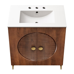 Modway Furniture Vernon 30" Fluted Wood Vanity Cabinet with Ceramic Sink - Handcrafted Mid-Century Elegance for Your Bath Walnut White EEI-7454-WAL-WHI