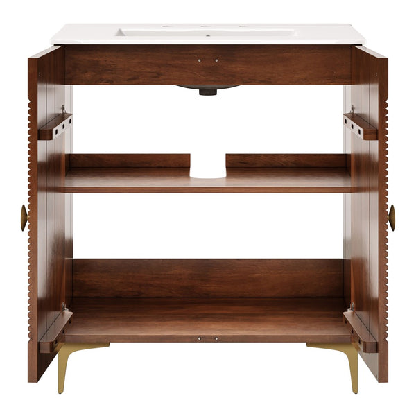 Modway Furniture Vernon 30" Fluted Wood Vanity Cabinet with Ceramic Sink - Handcrafted Mid-Century Elegance for Your Bath Walnut White EEI-7454-WAL-WHI