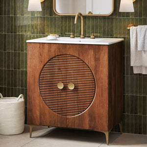 Modway Furniture Vernon 30" Fluted Wood Vanity Cabinet with Ceramic Sink - Handcrafted Mid-Century Elegance for Your Bath Walnut White EEI-7454-WAL-WHI