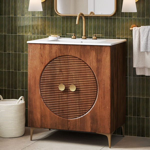 Modway Furniture Vernon 30" Fluted Wood Vanity Cabinet with Ceramic Sink - Handcrafted Mid-Century Elegance for Your Bath Walnut White EEI-7454-WAL-WHI