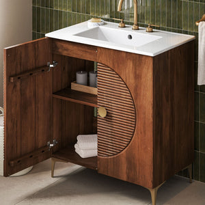 Modway Furniture Vernon 30" Fluted Wood Vanity Cabinet with Ceramic Sink - Handcrafted Mid-Century Elegance for Your Bath Walnut White EEI-7454-WAL-WHI