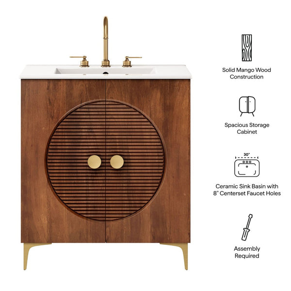 Modway Furniture Vernon 30" Fluted Wood Vanity Cabinet with Ceramic Sink - Handcrafted Mid-Century Elegance for Your Bath Walnut White EEI-7454-WAL-WHI
