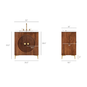Modway Furniture Vernon 30" Fluted Wood Vanity Cabinet with Ceramic Sink - Handcrafted Mid-Century Elegance for Your Bath Walnut White EEI-7454-WAL-WHI