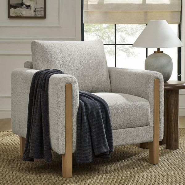 Modway Furniture Hawken Boucle Fabric Accent Armchair - Plush Comfort Meets Modern Style for Cozy Living Spaces Parchment Beech EEI-7459-PCH-BEE