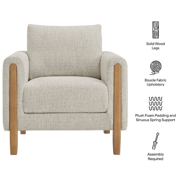 Modway Furniture Hawken Boucle Fabric Accent Armchair - Plush Comfort Meets Modern Style for Cozy Living Spaces Parchment Beech EEI-7459-PCH-BEE