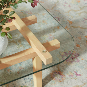 Modway Furniture Isby 35 Inch Glass Coffee Table - Sculptural Rubberwood Base for Mid-Century Modern Living Spaces Oak EEI-7468-OAK