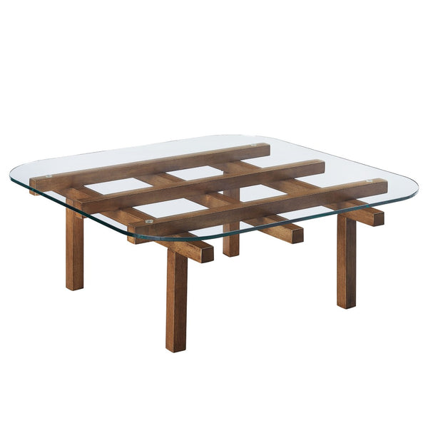 Modway Furniture Isby 35 Inch Glass Coffee Table - Sculptural Rubberwood Base for Mid-Century Modern Living Spaces Walnut EEI-7468-WAL