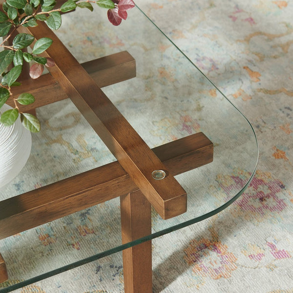 Modway Furniture Isby 35 Inch Glass Coffee Table - Sculptural Rubberwood Base for Mid-Century Modern Living Spaces Walnut EEI-7468-WAL