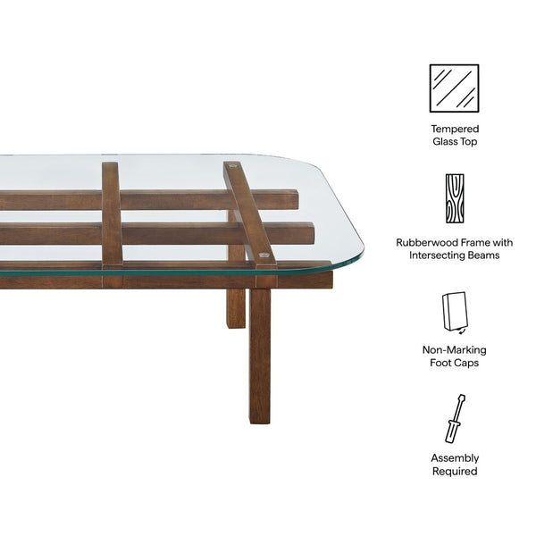 Modway Furniture Isby 35 Inch Glass Coffee Table - Sculptural Rubberwood Base for Mid-Century Modern Living Spaces Walnut EEI-7468-WAL