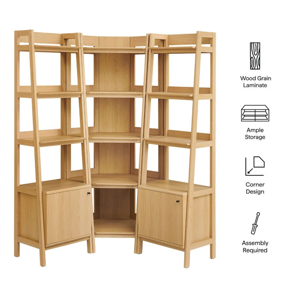 Modway Furniture Bixby 3-Piece Corner Bookshelf Set - Modern Space-Saving Storage with Open Shelves & Cabinets Oak EEI-7470-OAK