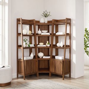Modway Furniture Bixby 3-Piece Corner Bookshelf Set - Modern Space-Saving Storage with Open Shelves & Cabinets Walnut EEI-7470-WAL