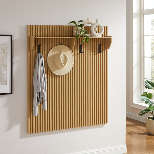 Modway Furniture Render Fluted Coat Rack Panel with Shelf - Stylish Mid-Century Wall-Mounted Storage Solution Light Oak EEI-7472-OAK