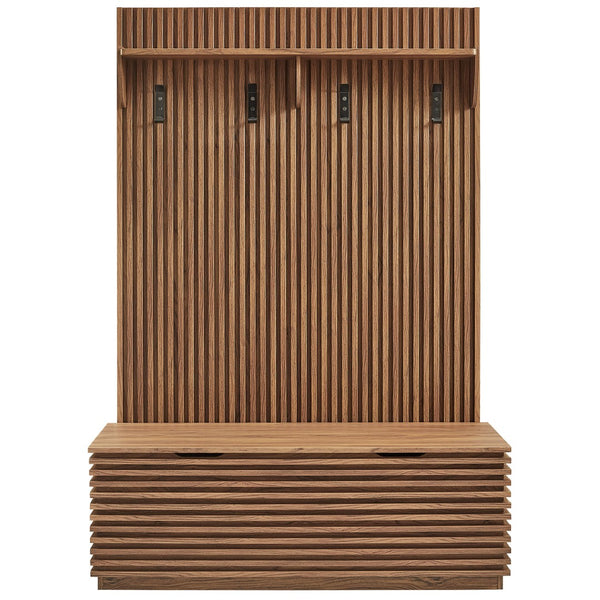 Modway Furniture Render Fluted 3-in-1 Hall Tree with Stylish Storage Bench and Coat Rack for Organized Entryways Walnut EEI-7473-WAL