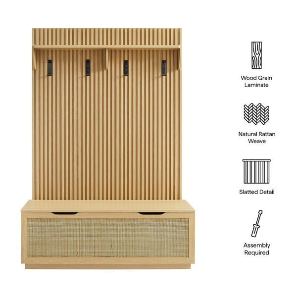 Modway Furniture Soma Fluted 3-in-1 Hall Tree with Storage Bench and Coat Rack for Stylish Entryway Organization Light Oak EEI-7474-OAK