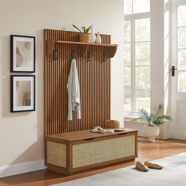 Modway Furniture Soma Fluted 3-in-1 Hall Tree with Storage Bench and Coat Rack for Stylish Entryway Organization Walnut EEI-7474-WAL
