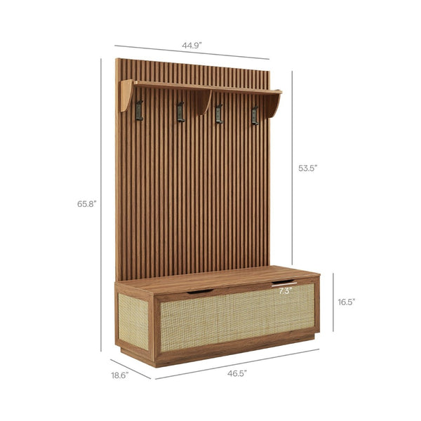 Modway Furniture Soma Fluted 3-in-1 Hall Tree with Storage Bench and Coat Rack for Stylish Entryway Organization Walnut EEI-7474-WAL