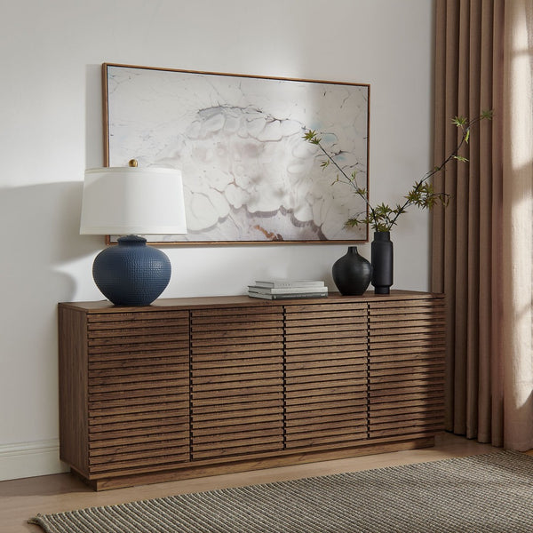 Modway Furniture Render 4-Door Fluted Sideboard Cabinet - Elegant Mid-Century Buffet or TV Console for Modern Spaces Walnut EEI-7477-WAL