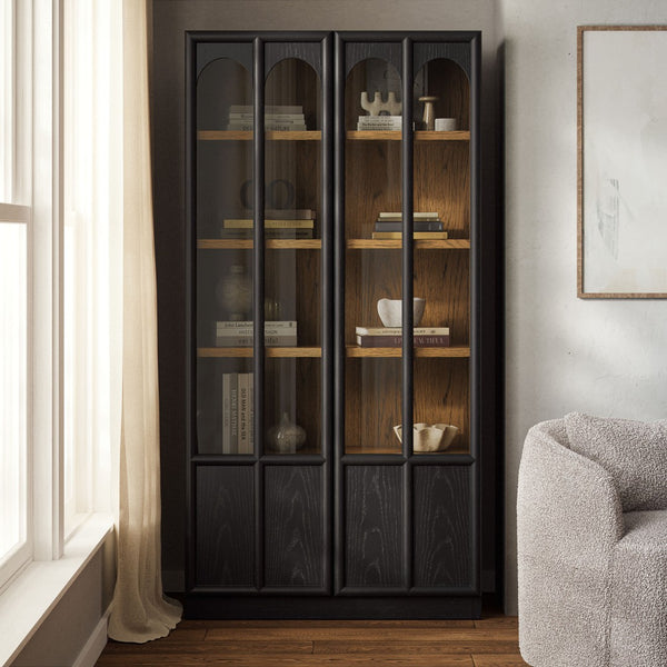 Modway Furniture Anwen Solid Wood and Glass Display Cabinet - Timeless Elegance for Stylish Home Storage Solutions Black Oak EEI-7484-BLK-OAK