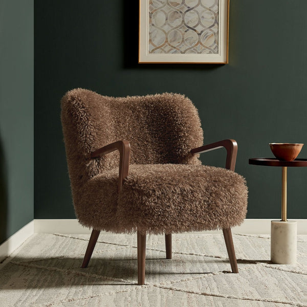 Modway Furniture Zerra Faux Shearling Accent Armchair - Mid-Century Modern Comfort with Sculptural Design & Support Brown EEI-7487-BRN