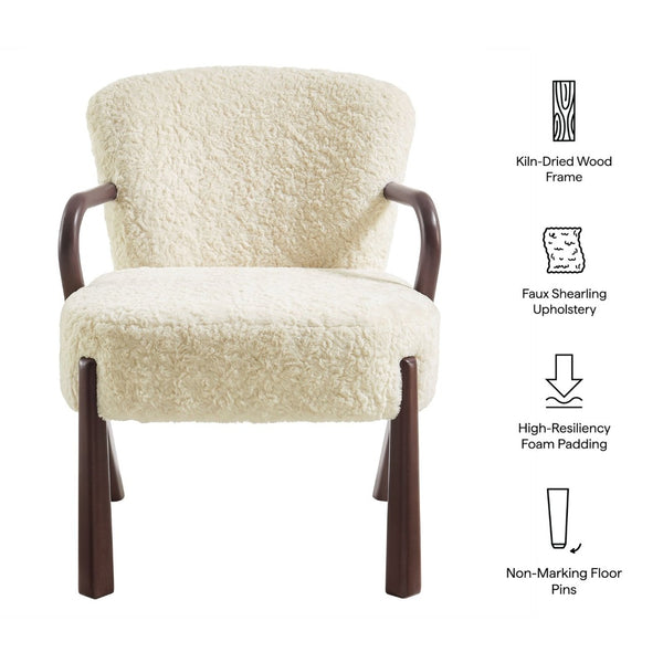 Modway Furniture Arden Faux Shearling Accent Armchair – Mid-Century Modern Comfort with Sculptural Wood Arms Ecru EEI-7488-ECR