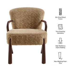 Modway Furniture Arden Faux Shearling Accent Armchair – Mid-Century Modern Comfort with Sculptural Wood Arms Sand EEI-7488-SAN