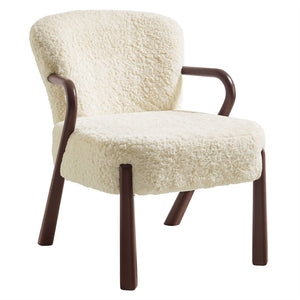 Modway Furniture Arden Faux Shearling Accent Armchair – Mid-Century Modern Comfort with Sculptural Wood Arms Ecru EEI-7488-ECR