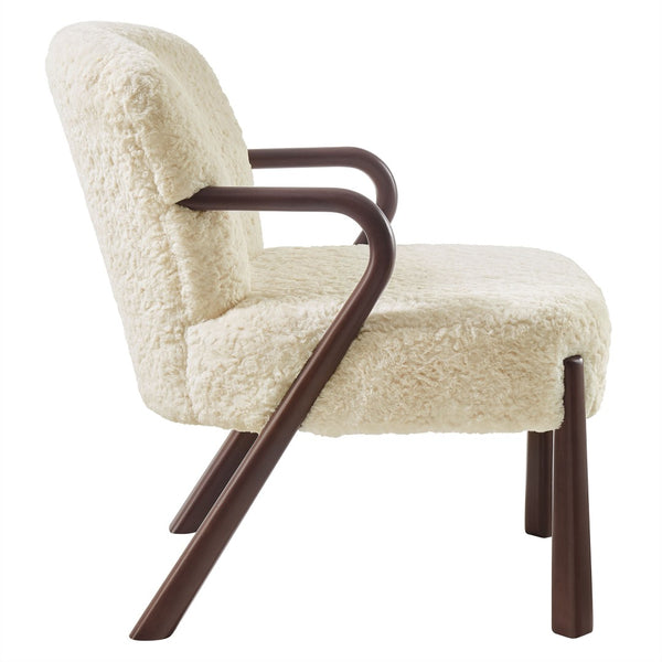 Modway Furniture Arden Faux Shearling Accent Armchair – Mid-Century Modern Comfort with Sculptural Wood Arms Ecru EEI-7488-ECR