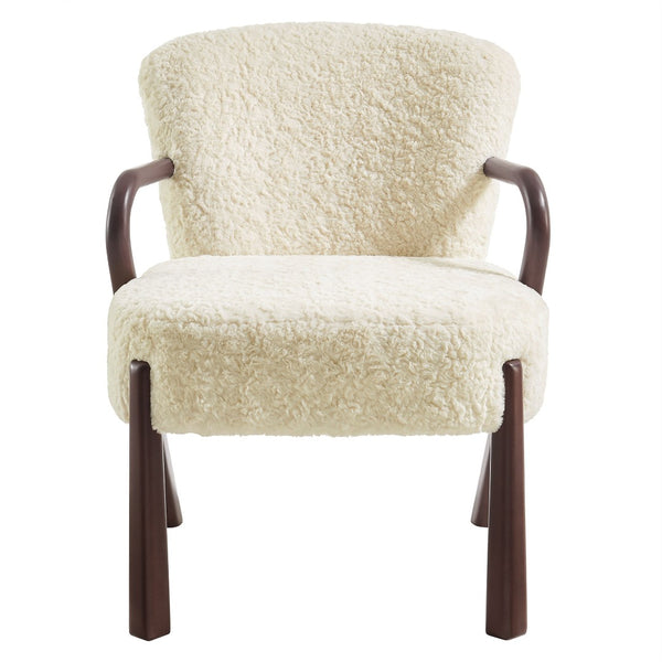 Modway Furniture Arden Faux Shearling Accent Armchair – Mid-Century Modern Comfort with Sculptural Wood Arms Ecru EEI-7488-ECR