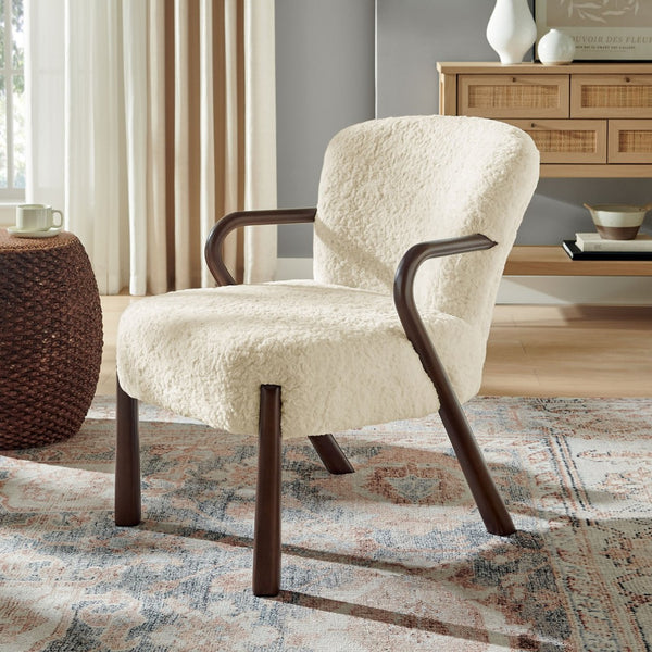 Modway Furniture Arden Faux Shearling Accent Armchair – Mid-Century Modern Comfort with Sculptural Wood Arms Ecru EEI-7488-ECR