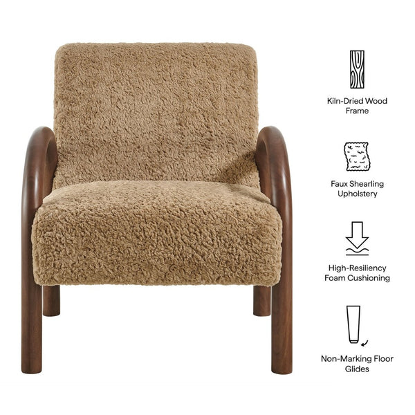 Modway Furniture Lunet Faux Shearling Accent Armchair - Cozy Modern Lounge Seat with Bold Wood Frame for Comfort Sand EEI-7489-SAN