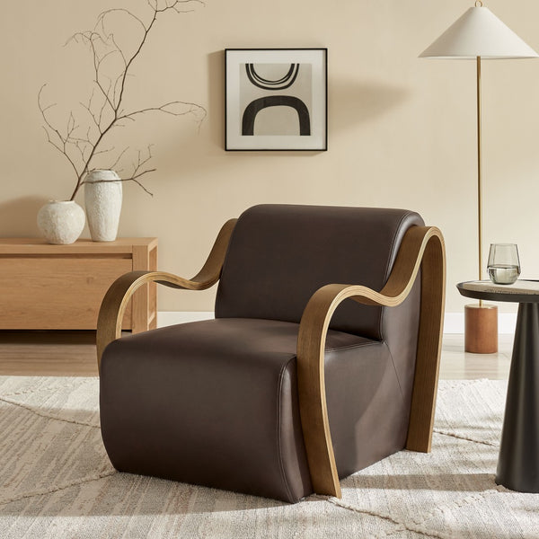 Modway Furniture Atrium Sculptural Vegan Leather Lounge Chair with Kiln Dried Wood Arms Mid Century Espresso EEI-7491-ESP