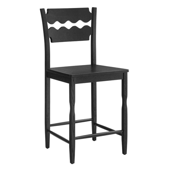 Modway Furniture Jax Solid Oak Counter Stool Sculpted Wavy Back Cafe Style for Kitchen Islands Black EEI-7505-BLK